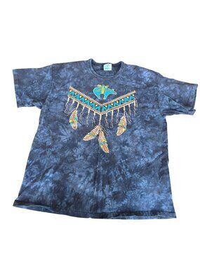 Lynee Apparel Vintage 90s Acid Wash Beaded Fringe Southwest Tee Shirt Sz L